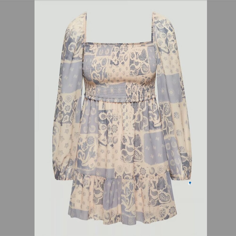 Wilfred Aritzia Small Tempest Mini Dress Smocked Wheat/Basalt Grey